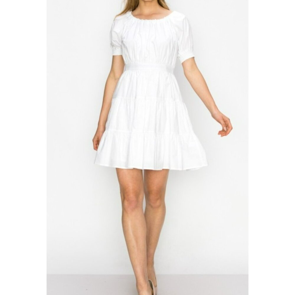 INA Short Sleeve Smocked A-Line Mini Dress White Size Large NWT